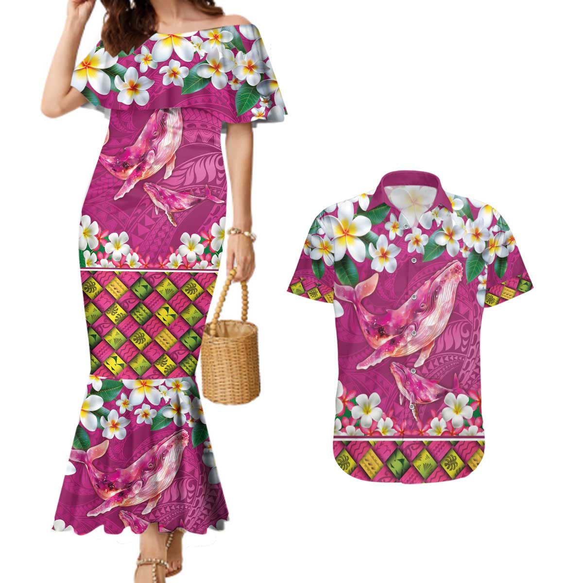 Hawaiian Plumeria and Humpback Whales Couples Matching Mermaid Dress and Hawaiian Shirt Polynerian Art Tattoo-Plum Pink Color LT03 Pink - Polynesian Pride