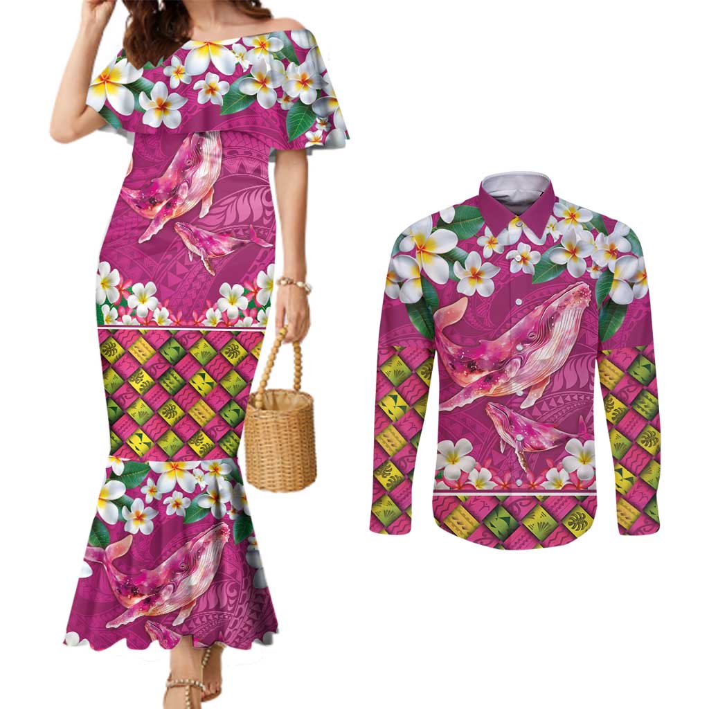Hawaiian Plumeria and Humpback Whales Couples Matching Mermaid Dress and Long Sleeve Button Shirt Polynerian Art Tattoo-Plum Pink Color LT03 Pink - Polynesian Pride