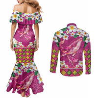 Hawaiian Plumeria and Humpback Whales Couples Matching Mermaid Dress and Long Sleeve Button Shirt Polynerian Art Tattoo-Plum Pink Color