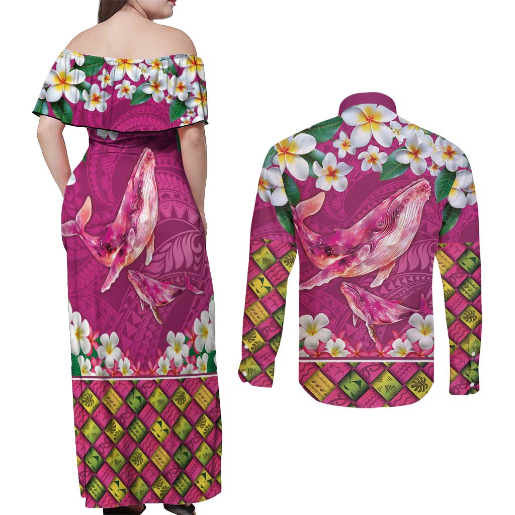 Hawaiian Plumeria and Humpback Whales Couples Matching Off Shoulder Maxi Dress and Long Sleeve Button Shirt Polynerian Art Tattoo-Plum Pink Color