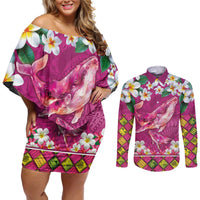 Hawaiian Plumeria and Humpback Whales Couples Matching Off Shoulder Short Dress and Long Sleeve Button Shirt Polynerian Art Tattoo-Plum Pink Color