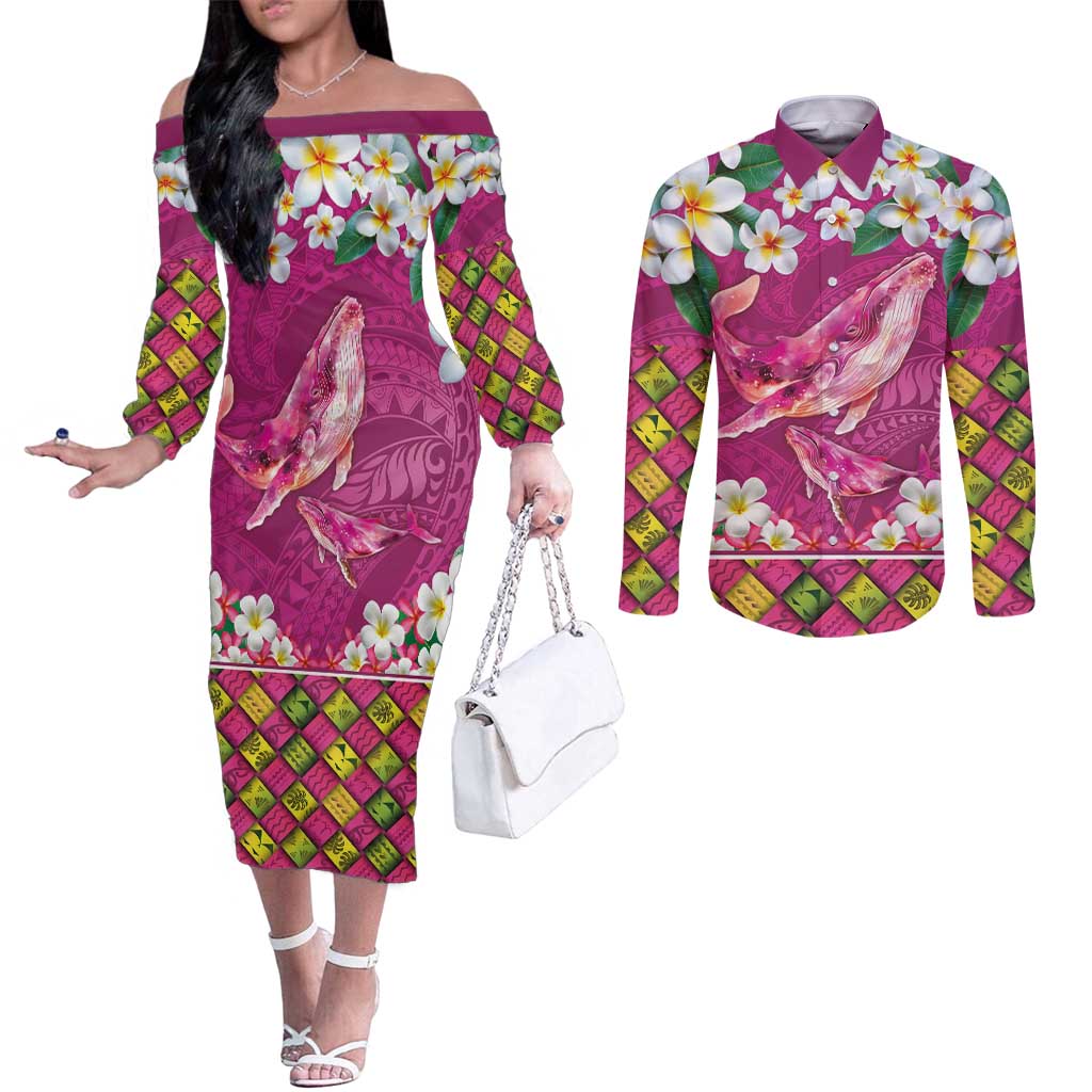 Hawaiian Plumeria and Humpback Whales Couples Matching Off The Shoulder Long Sleeve Dress and Long Sleeve Button Shirt Polynerian Art Tattoo-Plum Pink Color LT03 Pink - Polynesian Pride