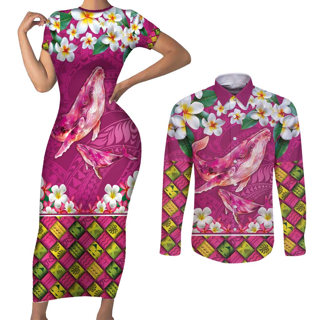 Hawaiian Plumeria and Humpback Whales Couples Matching Short Sleeve Bodycon Dress and Long Sleeve Button Shirt Polynerian Art Tattoo-Plum Pink Color LT03 Pink - Polynesian Pride