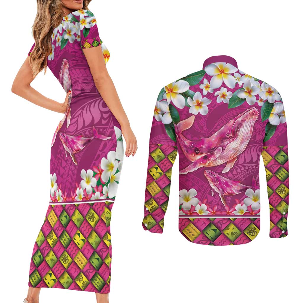 Hawaiian Plumeria and Humpback Whales Couples Matching Short Sleeve Bodycon Dress and Long Sleeve Button Shirt Polynerian Art Tattoo-Plum Pink Color