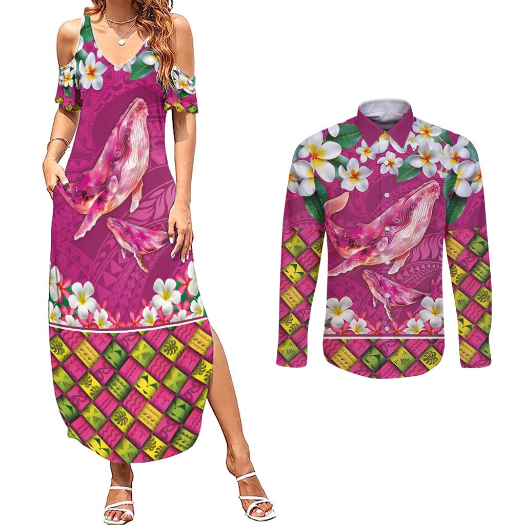 Hawaiian Plumeria and Humpback Whales Couples Matching Summer Maxi Dress and Long Sleeve Button Shirt Polynerian Art Tattoo-Plum Pink Color LT03 Pink - Polynesian Pride