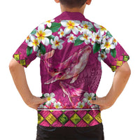 Hawaiian Plumeria and Humpback Whales Family Matching Long Sleeve Bodycon Dress and Hawaiian Shirt Polynerian Art Tattoo-Plum Pink Color LT03 - Polynesian Pride