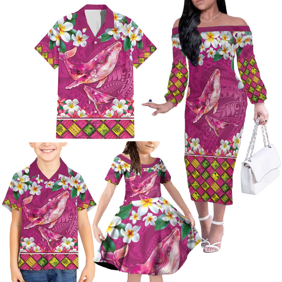 Hawaiian Plumeria and Humpback Whales Family Matching Off The Shoulder Long Sleeve Dress and Hawaiian Shirt Polynerian Art Tattoo-Plum Pink Color