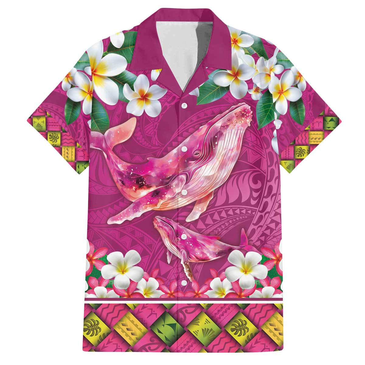 Hawaiian Plumeria and Humpback Whales Family Matching Off The Shoulder Long Sleeve Dress and Hawaiian Shirt Polynerian Art Tattoo-Plum Pink Color