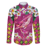 Hawaiian Plumeria and Humpback Whales Family Matching Off The Shoulder Long Sleeve Dress and Hawaiian Shirt Polynerian Art Tattoo-Plum Pink Color