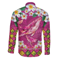 Hawaiian Plumeria and Humpback Whales Family Matching Off The Shoulder Long Sleeve Dress and Hawaiian Shirt Polynerian Art Tattoo-Plum Pink Color