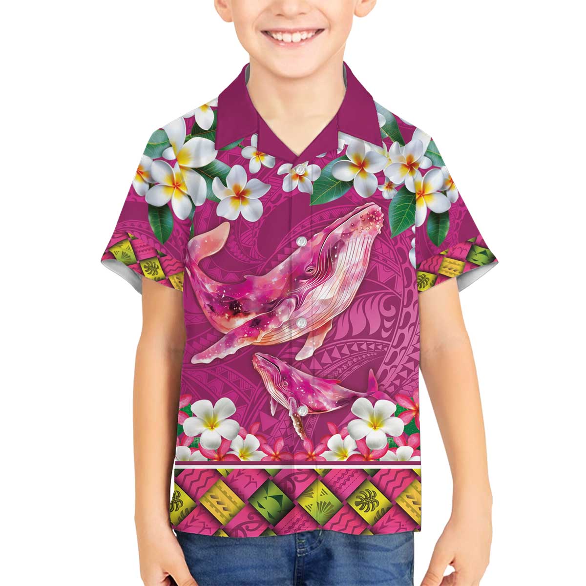 Hawaiian Plumeria and Humpback Whales Family Matching Off The Shoulder Long Sleeve Dress and Hawaiian Shirt Polynerian Art Tattoo-Plum Pink Color