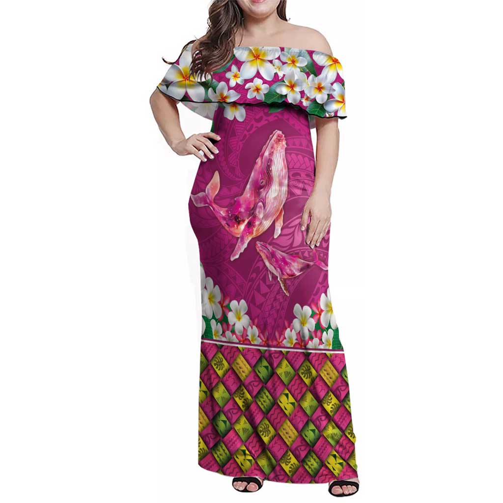 Hawaiian Plumeria and Humpback Whales Family Matching Off Shoulder Maxi Dress and Hawaiian Shirt Polynerian Art Tattoo-Plum Pink Color