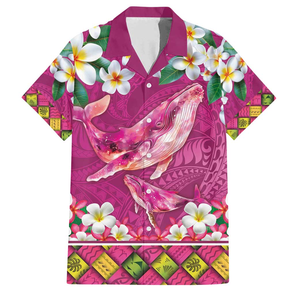 Hawaiian Plumeria and Humpback Whales Family Matching Summer Maxi Dress and Hawaiian Shirt Polynerian Art Tattoo-Plum Pink Color LT03 Dad's Shirt - Short Sleeve Pink - Polynesian Pride