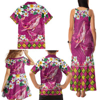 Hawaiian Plumeria and Humpback Whales Family Matching Tank Maxi Dress and Hawaiian Shirt Polynerian Art Tattoo-Plum Pink Color