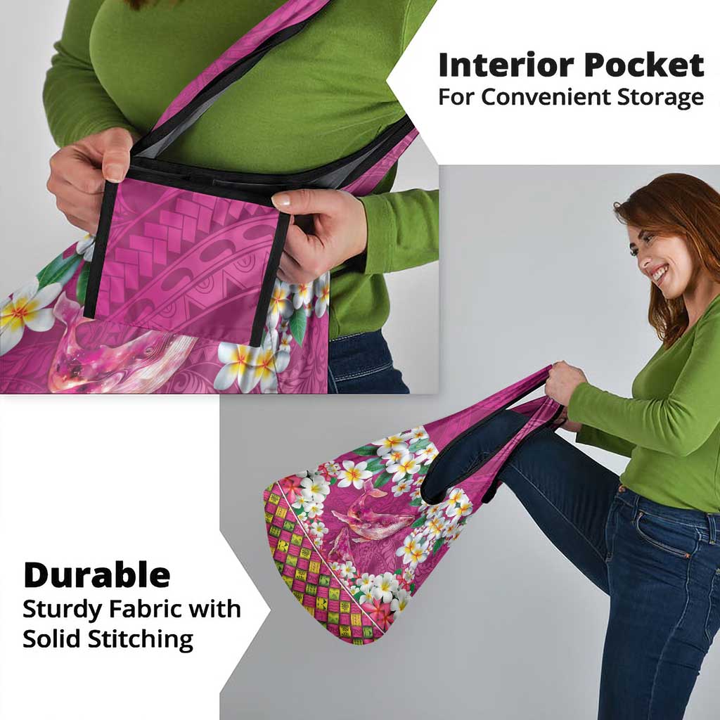 Hawaiian Plumeria and Humpback Whales Grocery Bag Polynerian Art Tattoo-Plum Pink Color