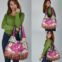 Hawaiian Plumeria and Humpback Whales Grocery Bag Polynerian Art Tattoo-Plum Pink Color