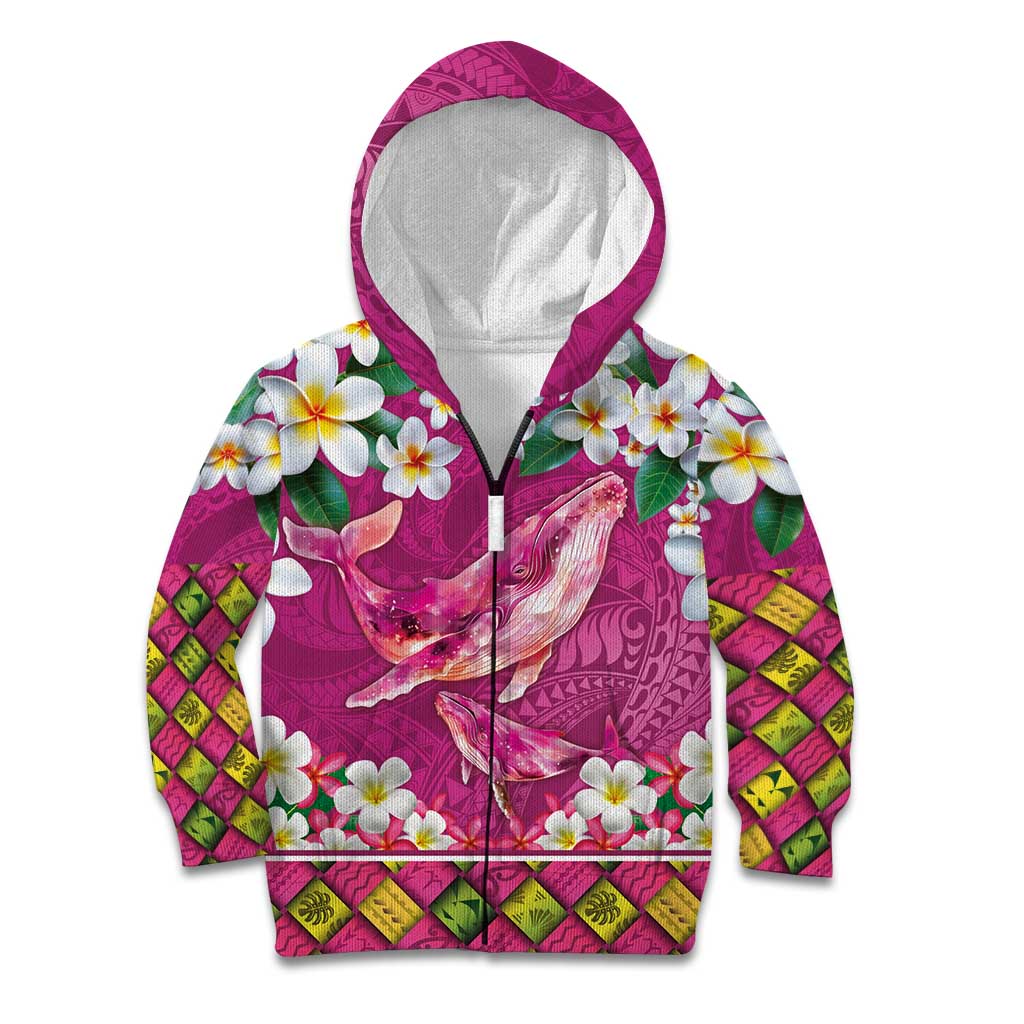 Hawaiian Plumeria and Humpback Whales Kid Hoodie Polynerian Art Tattoo-Plum Pink Color