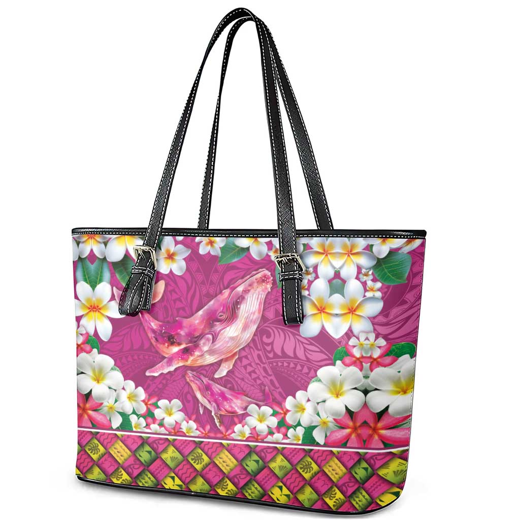 Hawaiian Plumeria and Humpback Whales Leather Tote Bag Polynerian Art Tattoo-Plum Pink Color