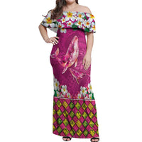 Hawaiian Plumeria and Humpback Whales Off Shoulder Maxi Dress Polynerian Art Tattoo-Plum Pink Color