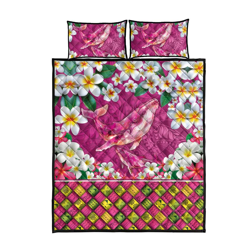 Hawaiian Plumeria and Humpback Whales Quilt Bed Set Polynerian Art Tattoo-Plum Pink Color