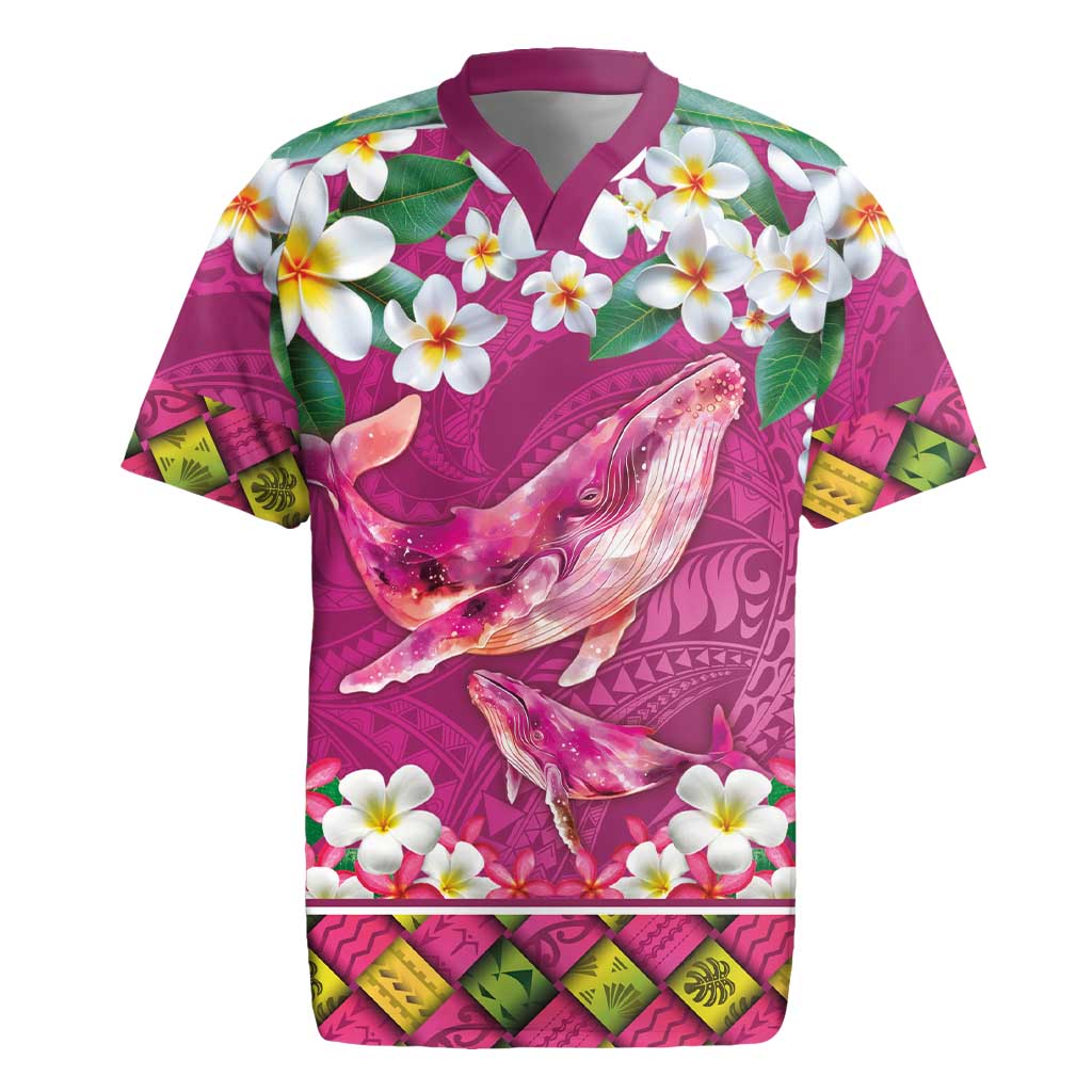 Hawaiian Plumeria and Humpback Whales Rugby Jersey Polynerian Art Tattoo-Plum Pink Color