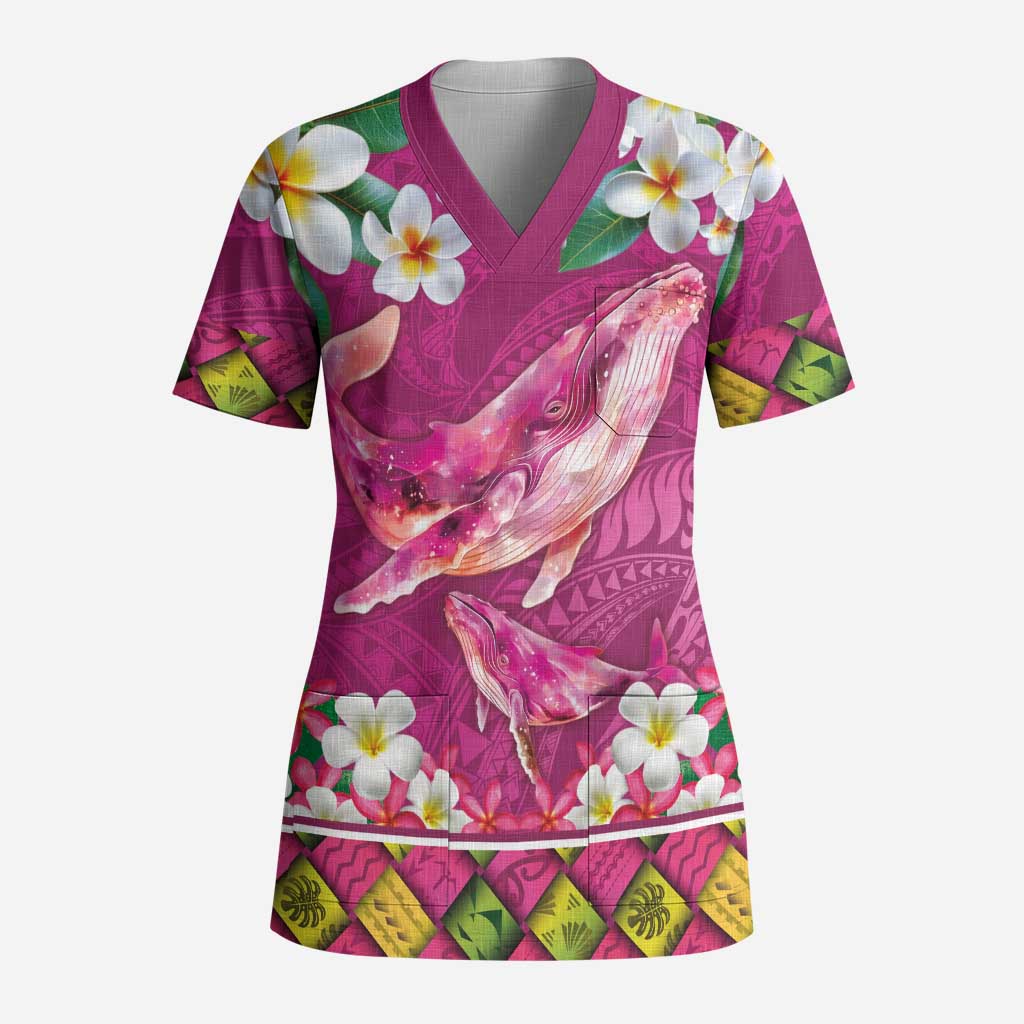 Hawaiian Plumeria and Humpback Whales Scrub Top Polynerian Art Tattoo-Plum Pink Color LT03 Adult Pink - Polynesian Pride