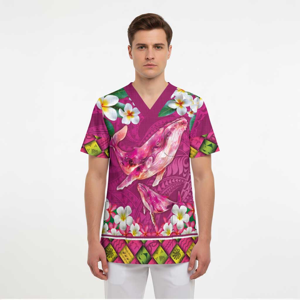 Hawaiian Plumeria and Humpback Whales Scrub Top Polynerian Art Tattoo-Plum Pink Color - Polynesian Pride