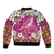 Hawaiian Plumeria and Humpback Whales Sleeve Zip Bomber Jacket Polynerian Art Tattoo-Plum Pink Color