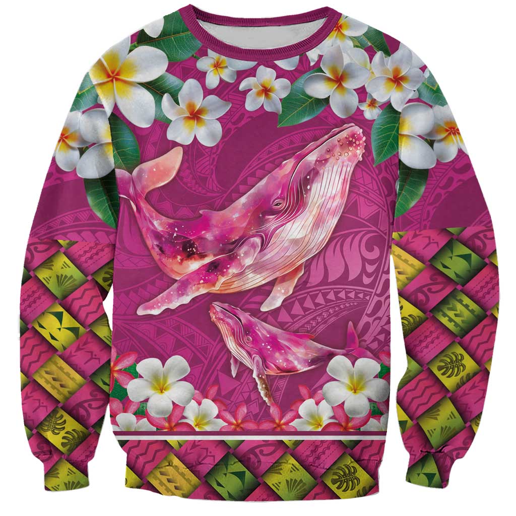 Hawaiian Plumeria and Humpback Whales Sweatshirt Polynerian Art Tattoo-Plum Pink Color