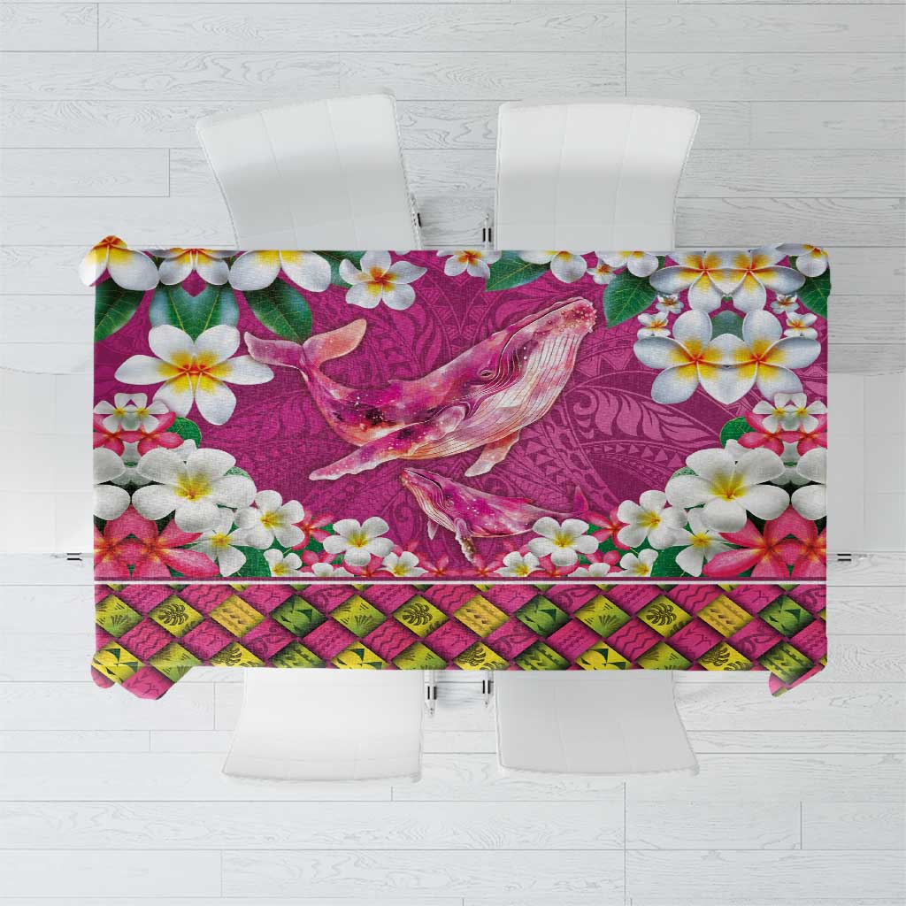Hawaiian Plumeria and Humpback Whales Tablecloth Polynerian Art Tattoo-Plum Pink Color