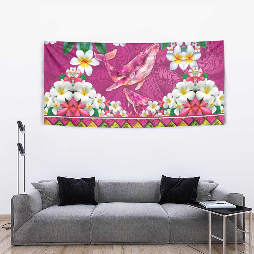 Hawaiian Plumeria and Humpback Whales Tapestry Polynerian Art Tattoo-Plum Pink Color