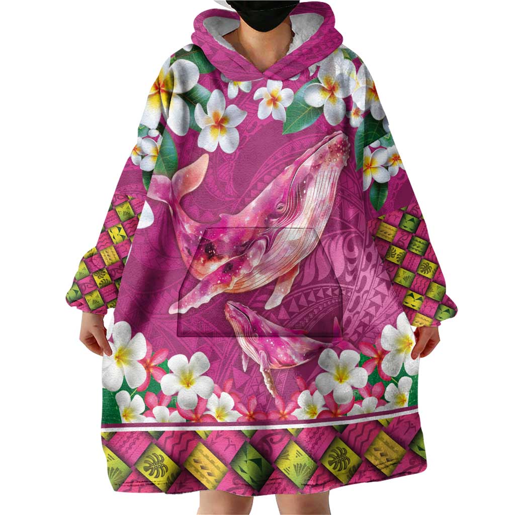 Hawaiian Plumeria and Humpback Whales Wearable Blanket Hoodie Polynerian Art Tattoo-Plum Pink Color