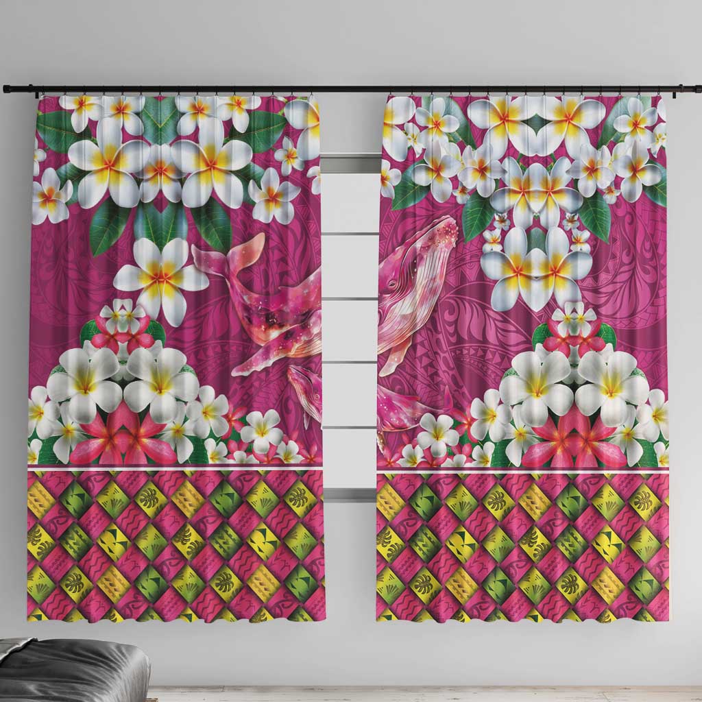 Hawaiian Plumeria and Humpback Whales Window Curtain Polynerian Art Tattoo-Plum Pink Color
