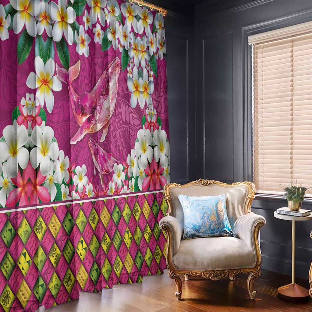 Hawaiian Plumeria and Humpback Whales Window Curtain Polynerian Art Tattoo-Plum Pink Color
