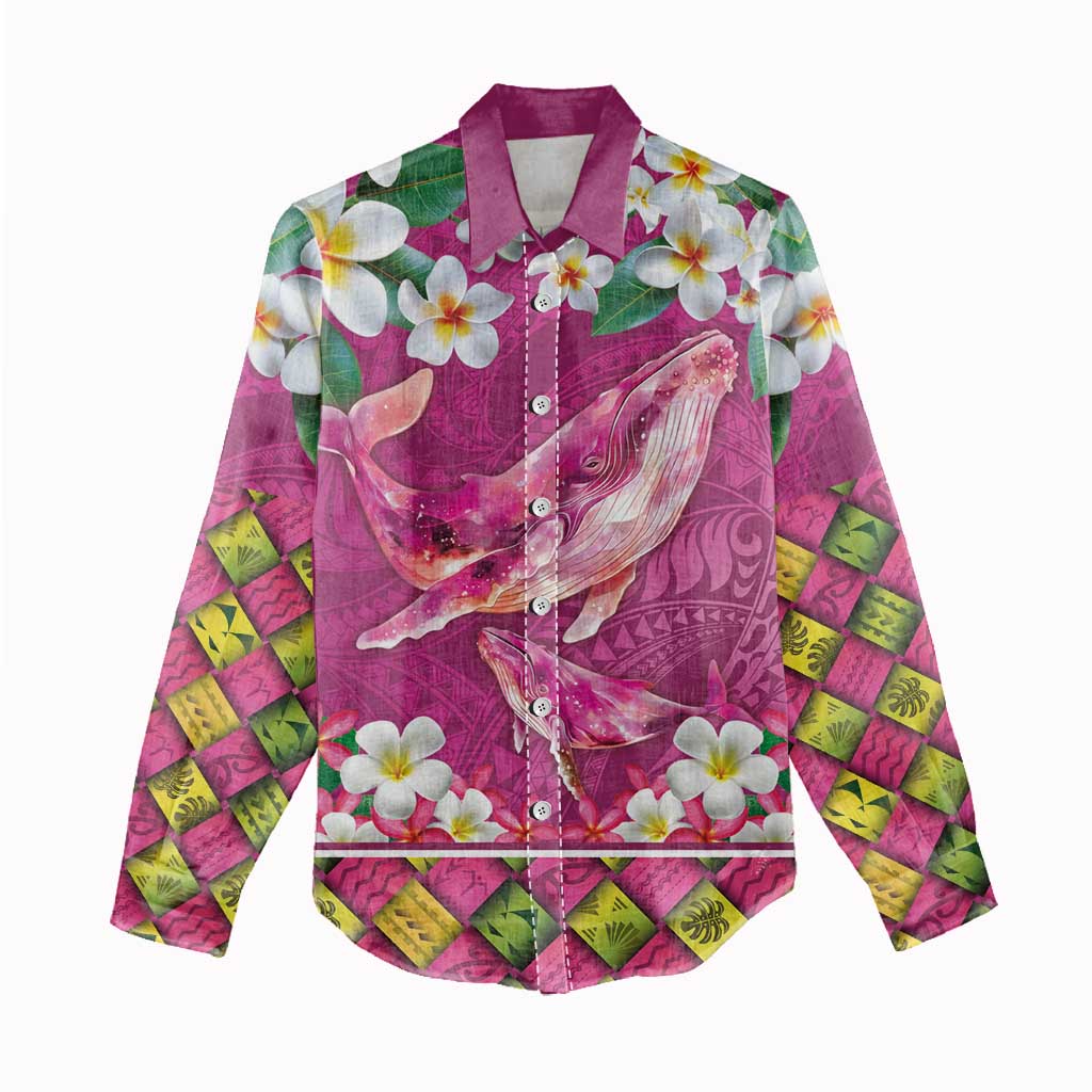 Hawaiian Plumeria and Humpback Whales Women Casual Shirt Polynerian Art Tattoo-Plum Pink Color