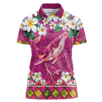 Hawaiian Plumeria and Humpback Whales Women Polo Shirt Polynerian Art Tattoo-Plum Pink Color