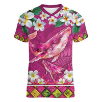 Hawaiian Plumeria and Humpback Whales Women V-Neck T-Shirt Polynerian Art Tattoo-Plum Pink Color