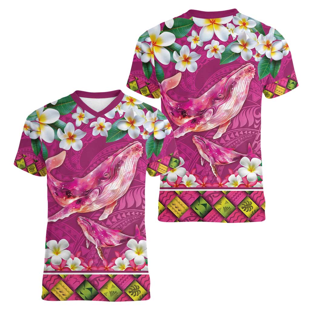 Hawaiian Plumeria and Humpback Whales Women V-Neck T-Shirt Polynerian Art Tattoo-Plum Pink Color