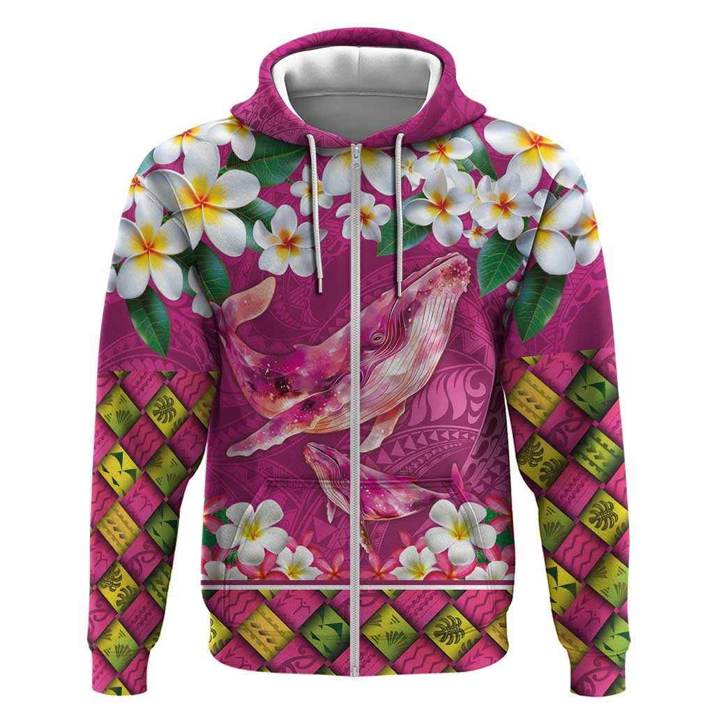 Hawaiian Plumeria and Humpback Whales Zip Hoodie Polynerian Art Tattoo-Plum Pink Color LT03 Zip Hoodie Pink - Polynesian Pride