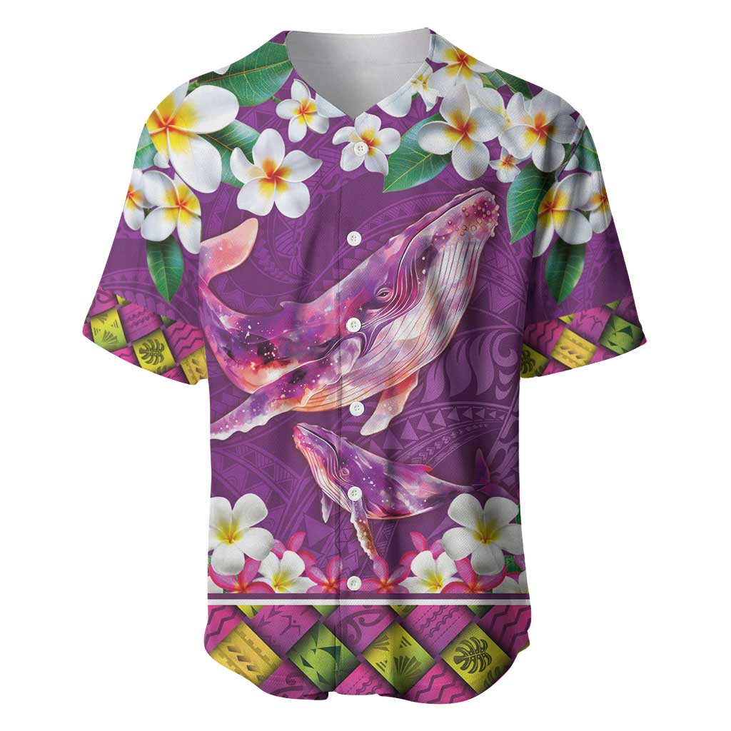 Hawaiian Plumeria and Humpback Whales Baseball Jersey Polynerian Art Tattoo-Mauve Color