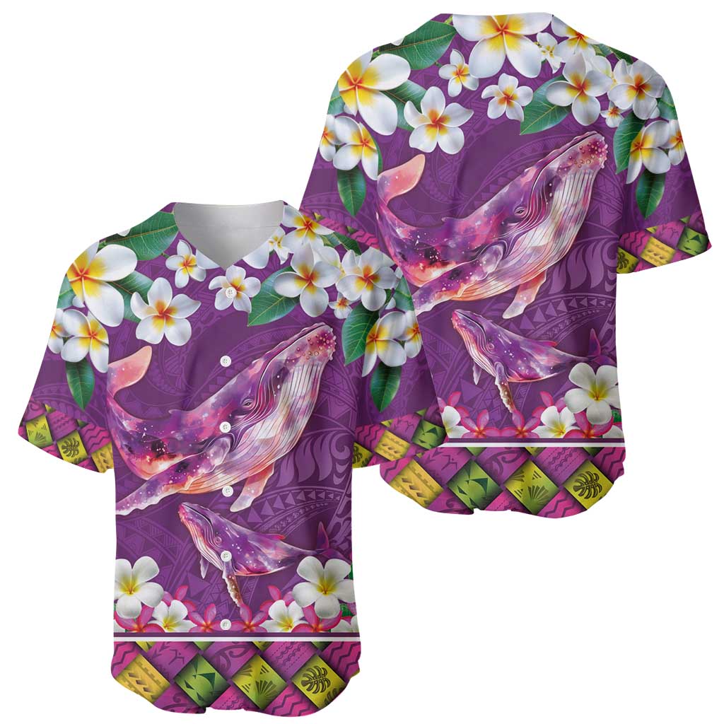 Hawaiian Plumeria and Humpback Whales Baseball Jersey Polynerian Art Tattoo-Mauve Color