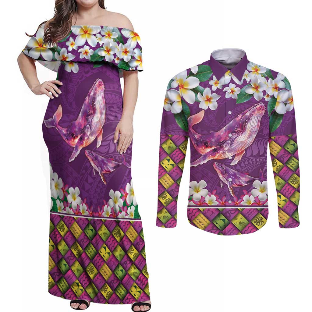 Hawaiian Plumeria and Humpback Whales Couples Matching Off Shoulder Maxi Dress and Long Sleeve Button Shirt Polynerian Art Tattoo-Mauve Color
