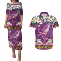 Hawaiian Plumeria and Humpback Whales Couples Matching Puletasi and Hawaiian Shirt Polynerian Art Tattoo-Mauve Color
