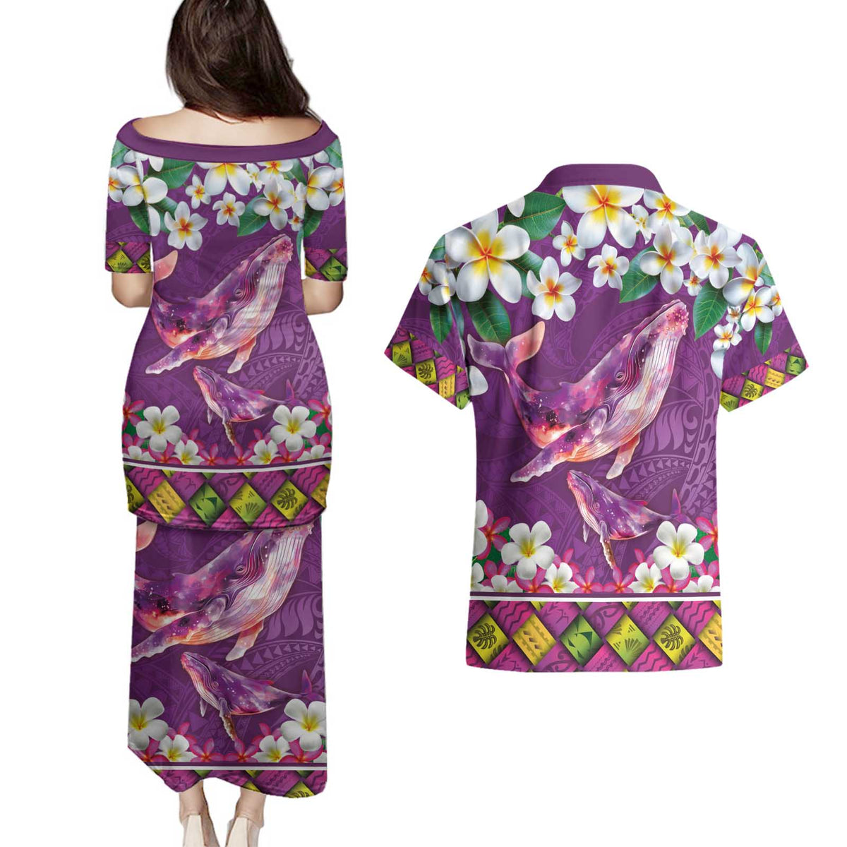 Hawaiian Plumeria and Humpback Whales Couples Matching Puletasi and Hawaiian Shirt Polynerian Art Tattoo-Mauve Color