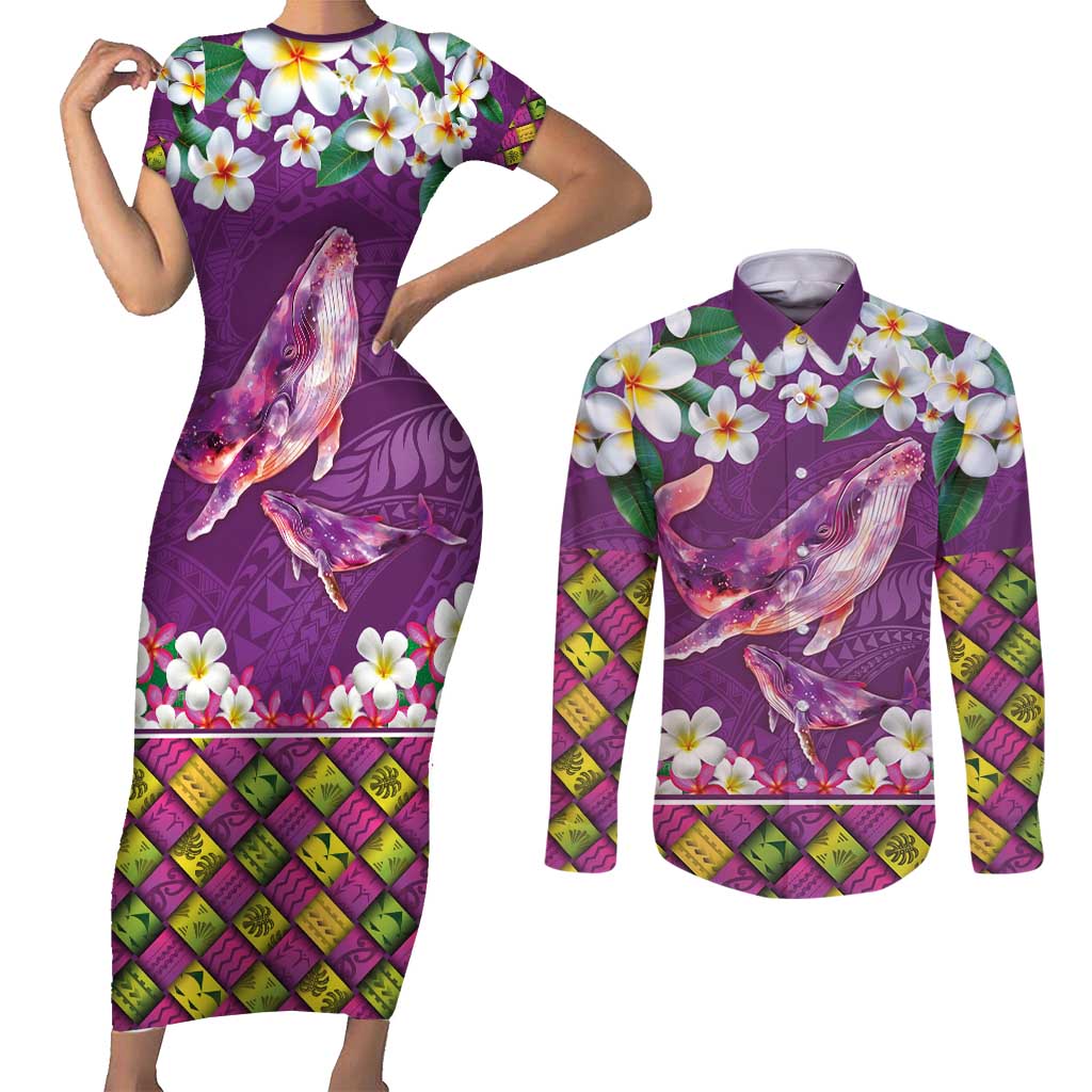 Hawaiian Plumeria and Humpback Whales Couples Matching Short Sleeve Bodycon Dress and Long Sleeve Button Shirt Polynerian Art Tattoo-Mauve Color LT03 Purple - Polynesian Pride
