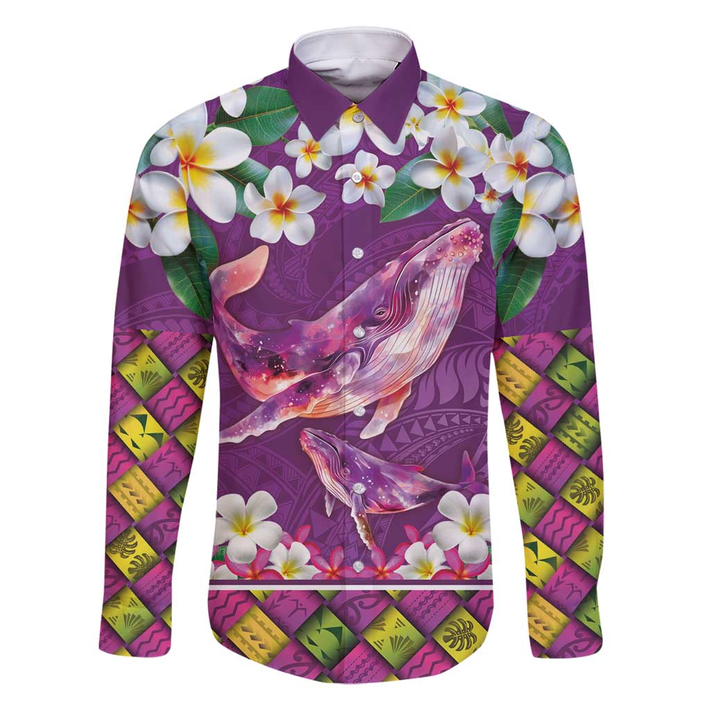 Hawaiian Plumeria and Humpback Whales Family Matching Long Sleeve Bodycon Dress and Hawaiian Shirt Polynerian Art Tattoo-Mauve Color LT03 Dad's Shirt - Long Sleeve Purple - Polynesian Pride