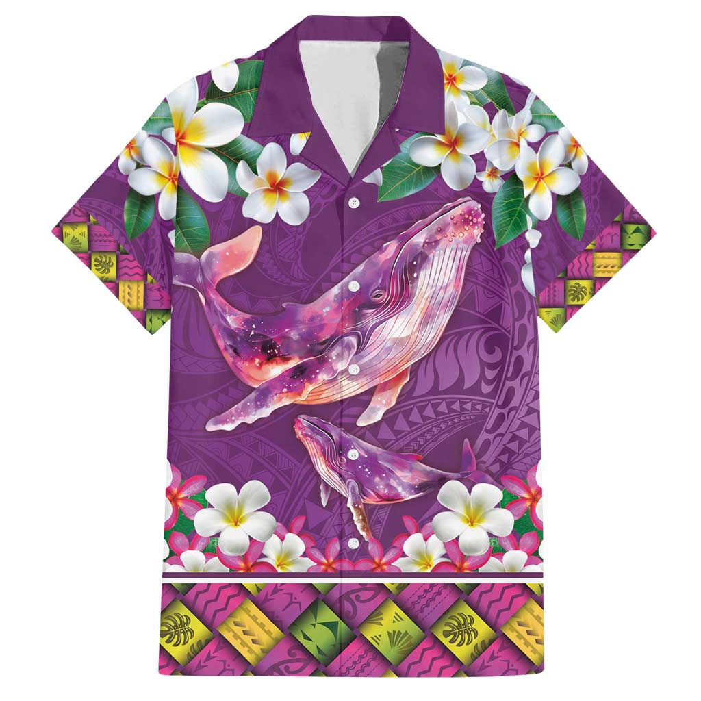 Hawaiian Plumeria and Humpback Whales Family Matching Off Shoulder Short Dress and Hawaiian Shirt Polynerian Art Tattoo-Mauve Color LT03 Dad's Shirt - Short Sleeve Purple - Polynesian Pride