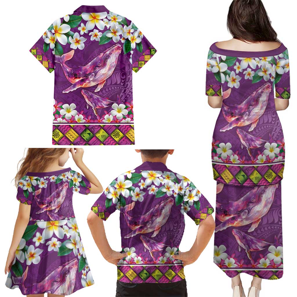 Hawaiian Plumeria and Humpback Whales Family Matching Puletasi and Hawaiian Shirt Polynerian Art Tattoo-Mauve Color