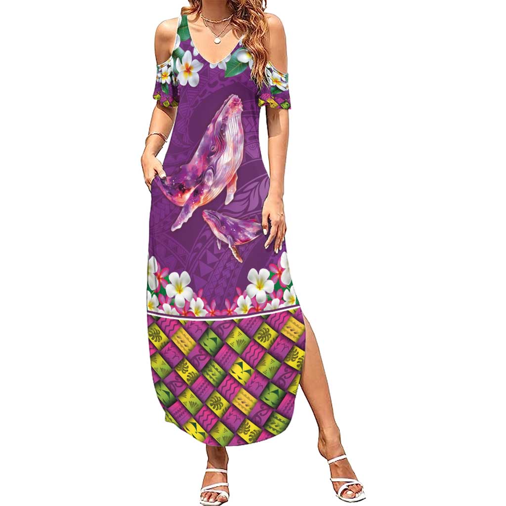 Hawaiian Plumeria and Humpback Whales Family Matching Summer Maxi Dress and Hawaiian Shirt Polynerian Art Tattoo-Mauve Color