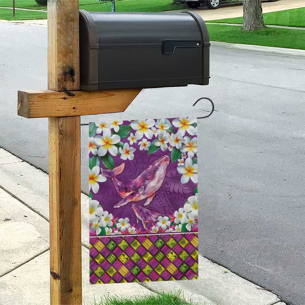 Hawaiian Plumeria and Humpback Whales Garden Flag Polynerian Art Tattoo-Mauve Color